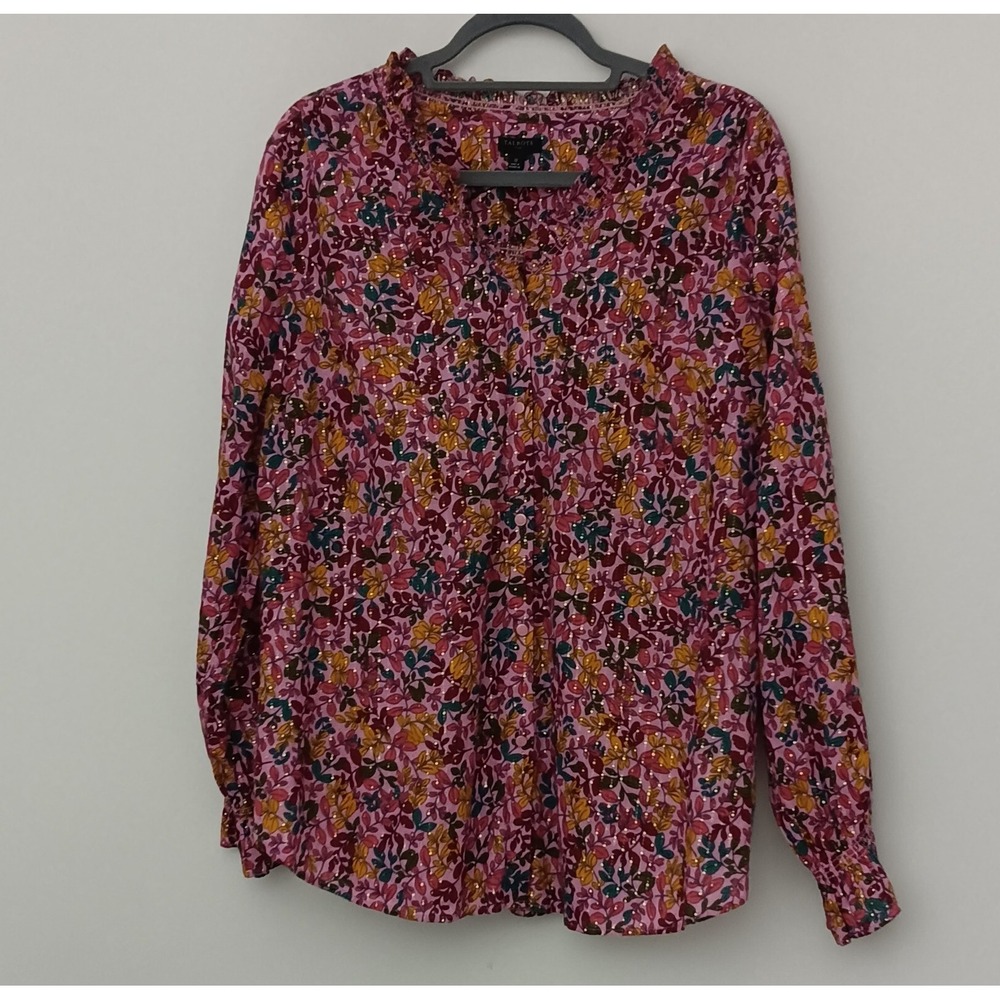 Talbots Ruffle Top Women's Size 1X Gathered Leaves Pink Gold Button Up Pre-owned